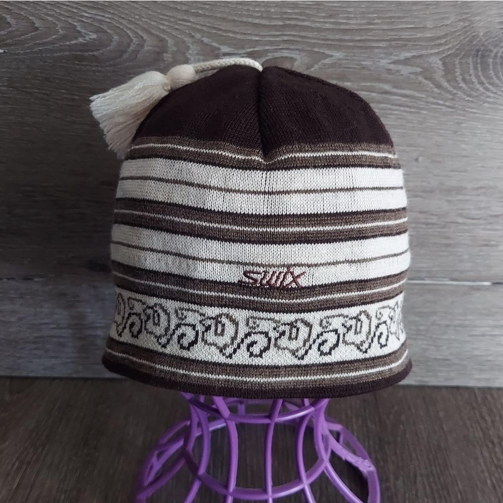 SWIX Fleece Lined Beanie Hat with Tassel Knit Wool Blend Brown Striped Winter